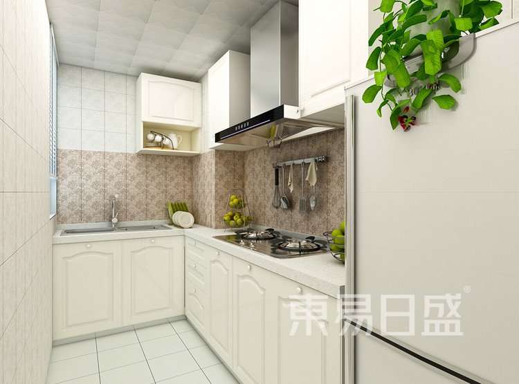 厨房采用整体白色橱柜配合乳白色的地砖，是厨房看起来干净整洁。