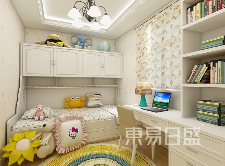 儿童房采用多为活泼的黄色，上柜下床的组合合理的利用了空间的高度差，能够给孩子留出更大的活动空间。