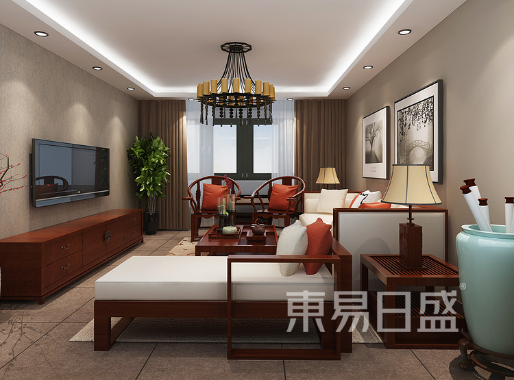 120平新中式客厅装修效果图