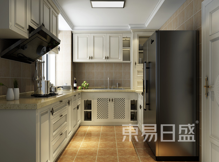 L字型厨房，辅以白色面板，将整个厨房的亮度提交，给人非常典雅的特殊感觉。