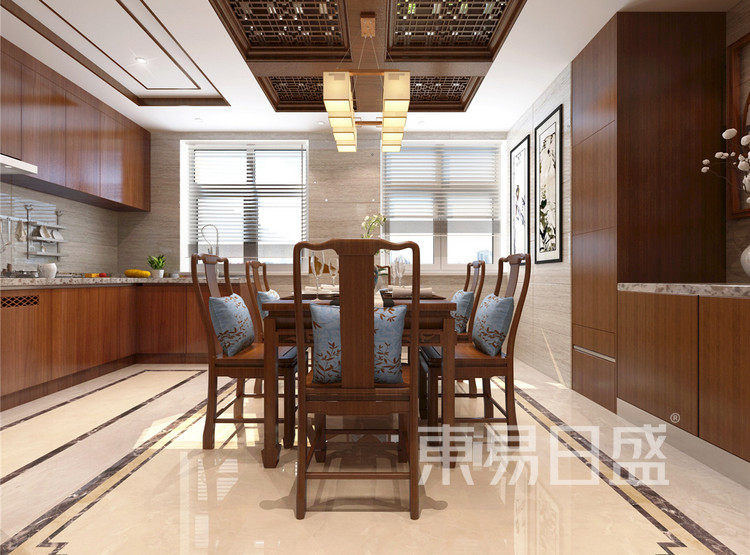 新中式风格厨房+餐厅效果图