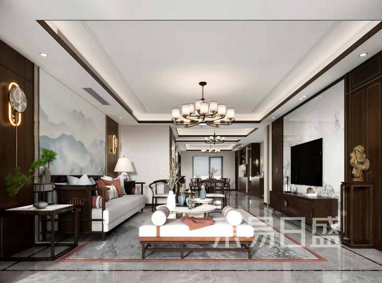 客厅效果图-新中式风格-白桦林团圆四居室装修