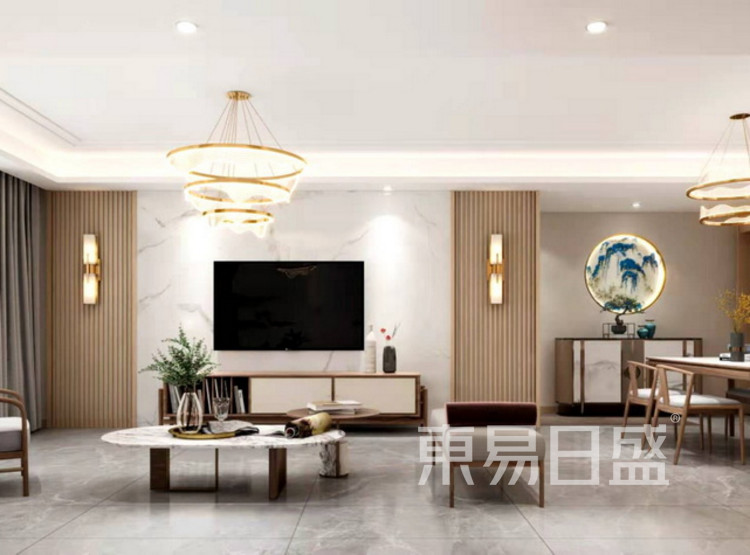 新中式风格装修效果图-客厅电视背景墙-龙湖香醍四居室装修