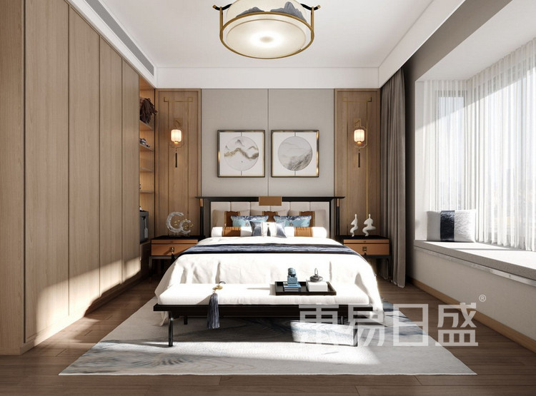 臥室裝修效果圖-新中式風格樣板房-紫禁長安四居室裝修設計
