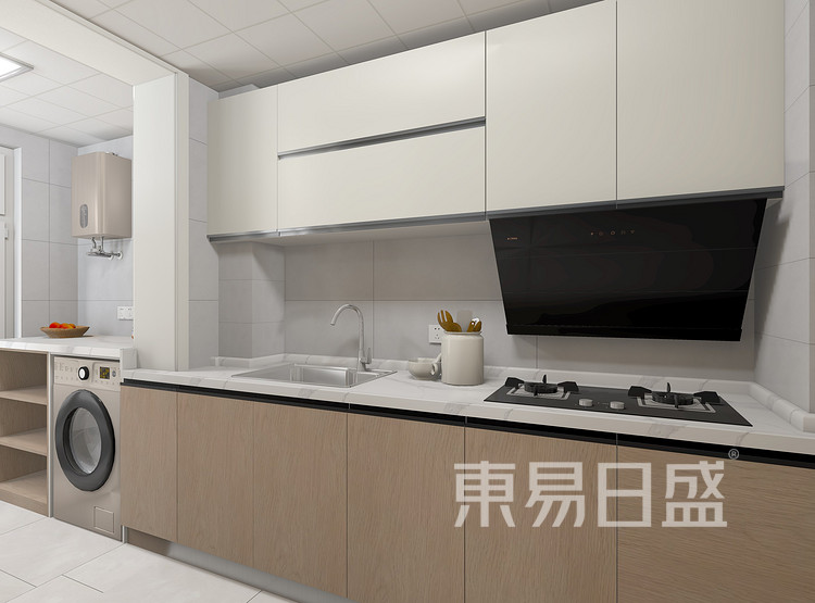 厨房空间较大，打通小储物间与厨房的隔断墙，使视觉效果更好，也更符合业主的生活动线。