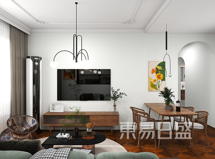 客厅空间的整体色系主要是以业主喜爱的浅色为主，在顶上增加了法式框架线，透明、朴素、洁净，不失条理感。