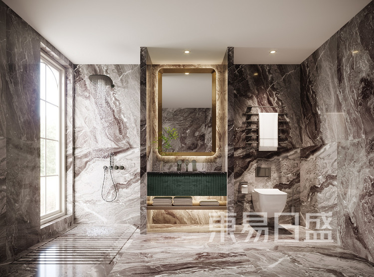 卫生间采用干湿分离设计，提升生活的舒适度与便捷度。浴室墙砖上有着蜿蜒的纹路，搭配黄铜色线条流露出精致气息。