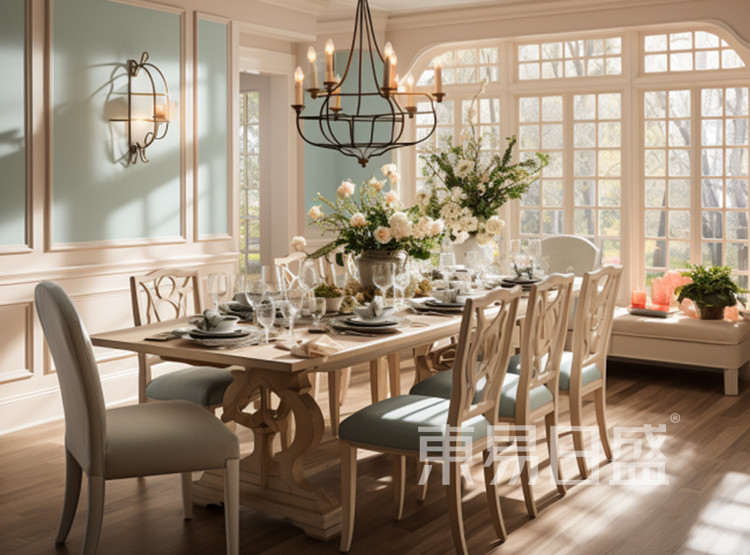 墙壁涂上淡蓝色和淡粉色细腻的色调，唤起宁静和平静的感觉。餐桌周围椅子也与整体色调搭配，增添了舒适和温馨的感觉。