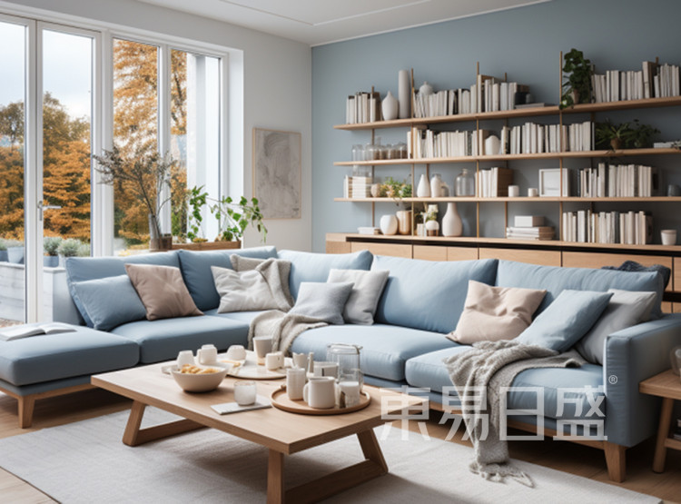 在北欧风格的客厅中，设计强调简约、功能性和自然元素。色彩方案采用中性色和蓝色，营造出宁静和舒适的氛围。